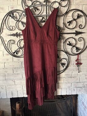 Idyllwind Deep Burgundy Sleeveless Fringe Mini Dress